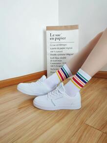 Rainbow Stripe Print Crew Socks - White - View 5