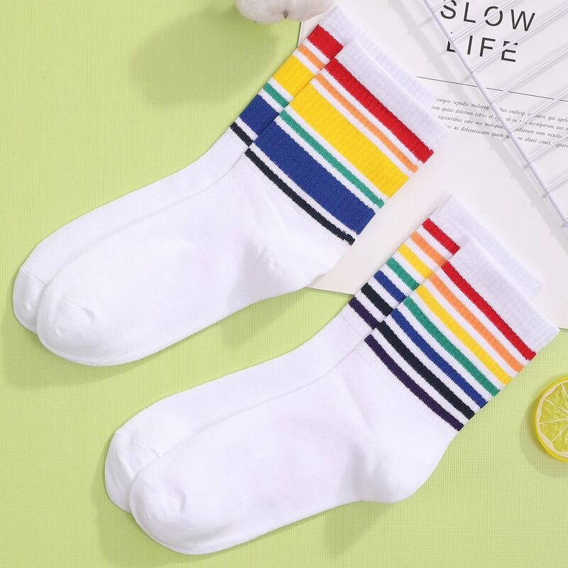 

2pairs Rainbow Stripe Print Crew Socks, White