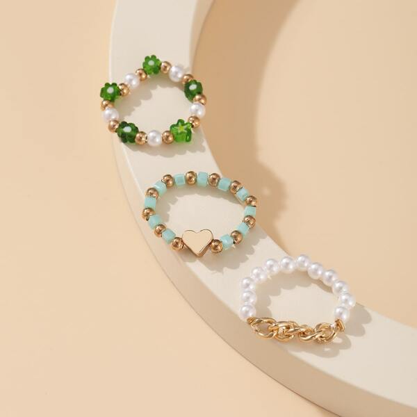 

3pcs Faux Pearl Decor Ring, Green