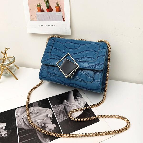 

Metal Decor Croc Embossed Flap Square Bag, Blue