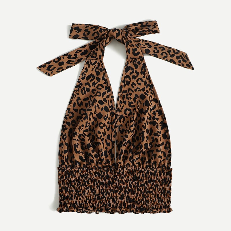 

Leopard Shirred Halter Top, Khaki