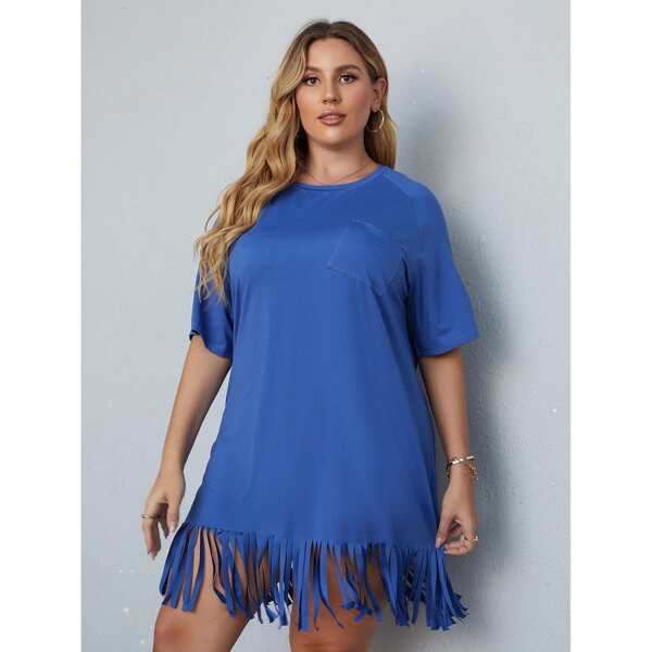

Plus Solid Fringe Hem Tee Dress, Blue