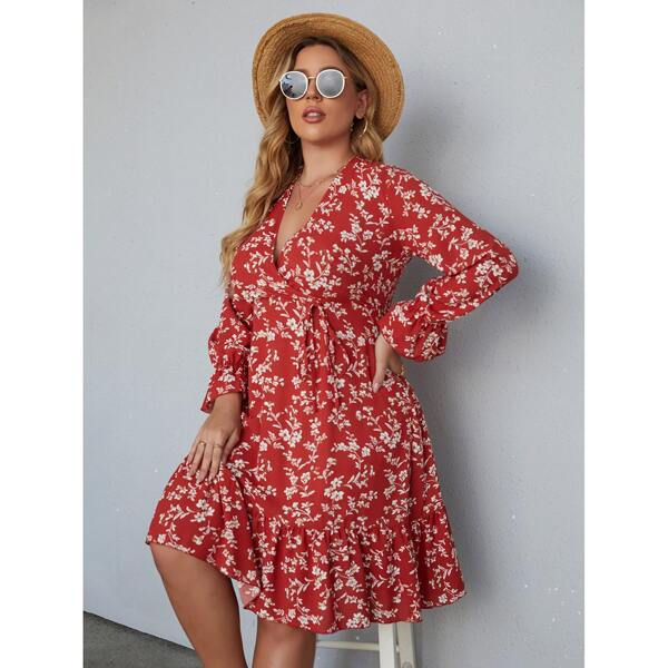 

Plus Floral Print Flounce Sleeve Ruffle Hem Dress, Red