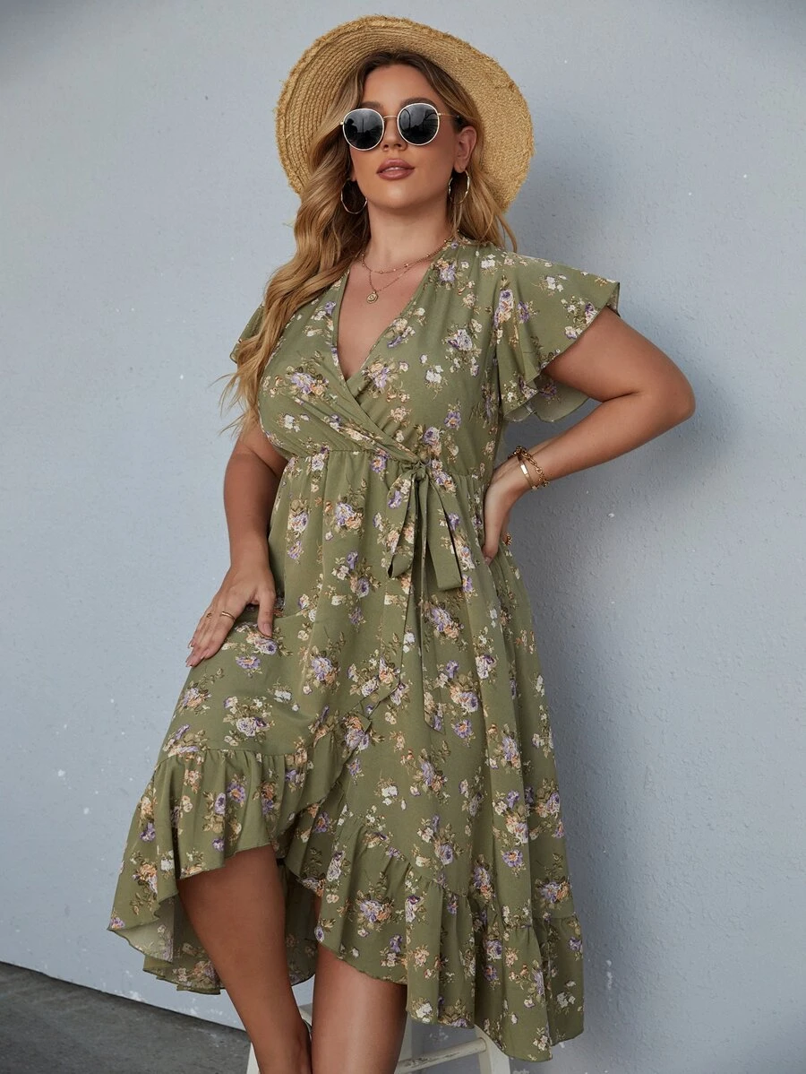 SHEIN Holidaya 大碼滿版花卉印花側打結圍裹連衣裙 - 彩色 - 查看 1