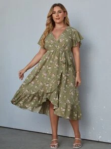 SHEIN Holidaya 大碼滿版花卉印花側打結圍裹連衣裙 - 彩色 - 查看 4