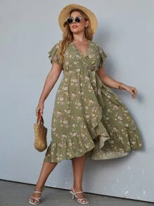 SHEIN Holidaya 大碼滿版花卉印花側打結圍裹連衣裙 - 彩色 - 查看 3