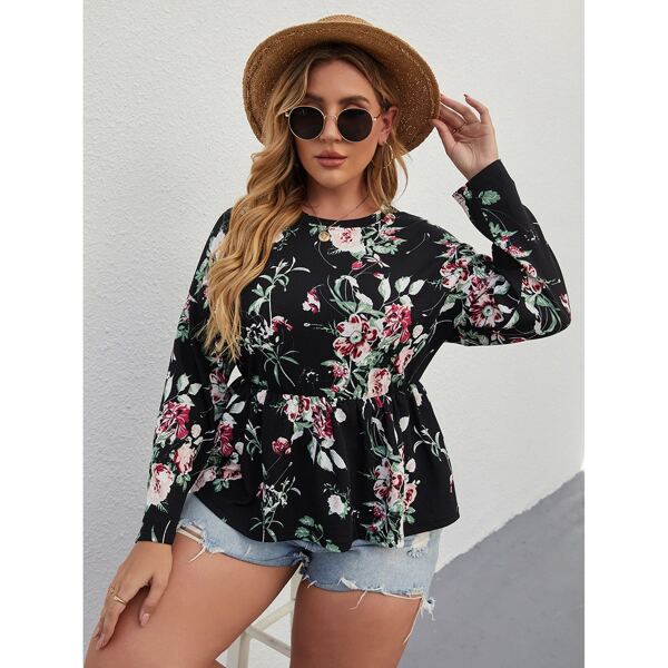 

Plus Floral Print Peplum Tee, Black