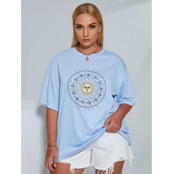 

Plus Sun Print Drop Shoulder Tee, Baby blue