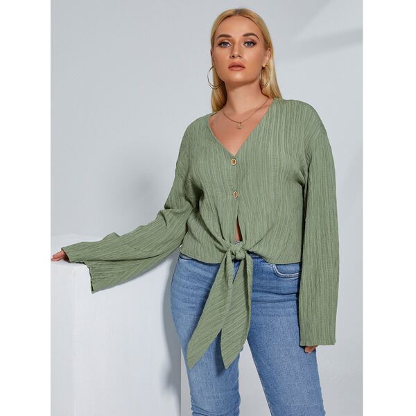 

Plus Tie Front Flounce Sleeve Blouse, Mint green