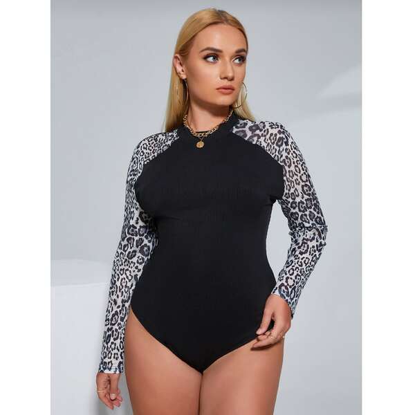 

Plus Leopard Panel Raglan Sleeve Bodysuit, Black