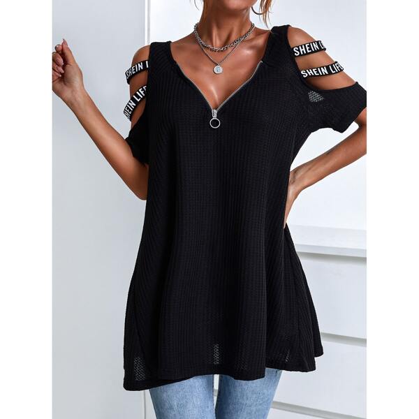 

Letter Tape Cold Shoulder Tee, Black