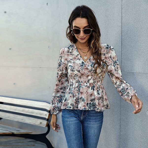 

All Over Floral Print Shirred Blouse, Multicolor