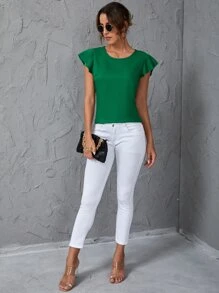 SHEIN Clasi 蝴蝶袖後鎖孔襯衫 - 綠色 - 查看 3