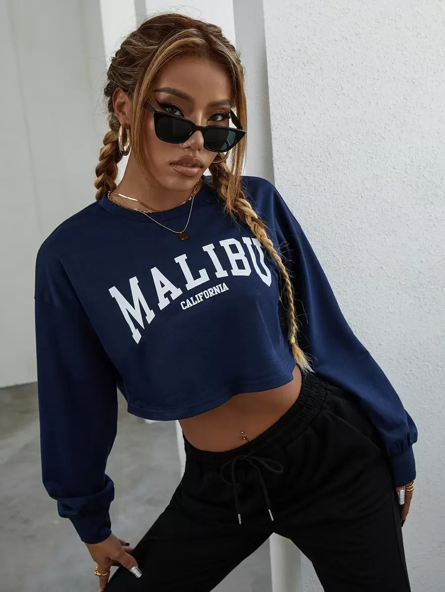 SHEIN Unity Áo nỉ Lá thư Giải trí - Màu xanh hải quân - Xem 1