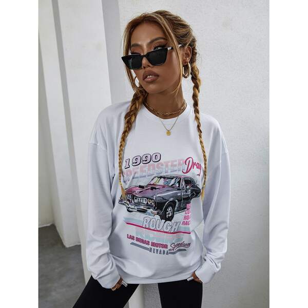 

Car And Letter Graphic Drop Shoulder Sweatshirt, White
