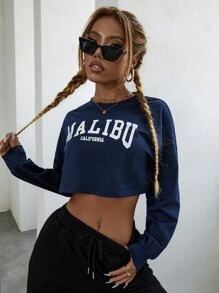 SHEIN Unity Áo nỉ Lá thư Giải trí - Màu xanh hải quân - Xem 5