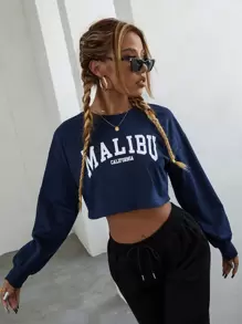 SHEIN Unity Áo nỉ Lá thư Giải trí - Màu xanh hải quân - Xem 6