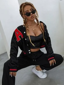 StreetHx Letter Patched Varsity Jacket Fall Winter Cloth For Women - Black - View 6