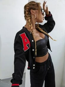 StreetHx Letter Patched Varsity Jacket Fall Winter Cloth For Women - Black - View 7