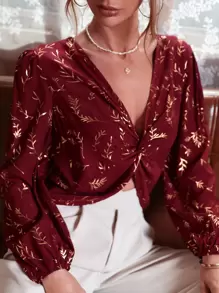 Blusa girante delantero con plantas - Granate - Ver 1