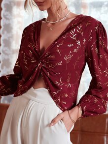 Blusa girante delantero con plantas - Granate - Ver 3