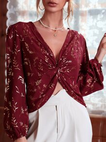 Blusa girante delantero con plantas - Granate - Ver 4