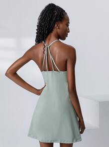 素色褶邊露背吊帶網球連衣裙 - 薄荷綠 - 查看 1