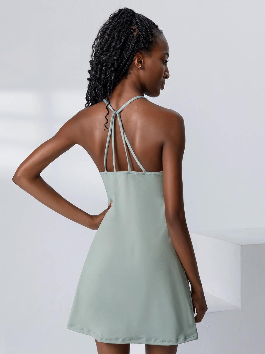 素色褶邊露背吊帶網球連衣裙 - 薄荷綠 - 查看 1