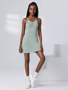 素色褶邊露背吊帶網球連衣裙 - 薄荷綠 - 查看 5