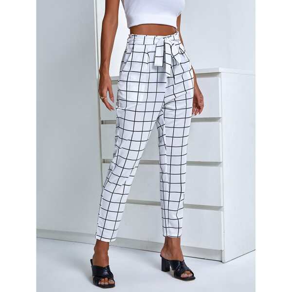 

Grid Print Belted Pants, White