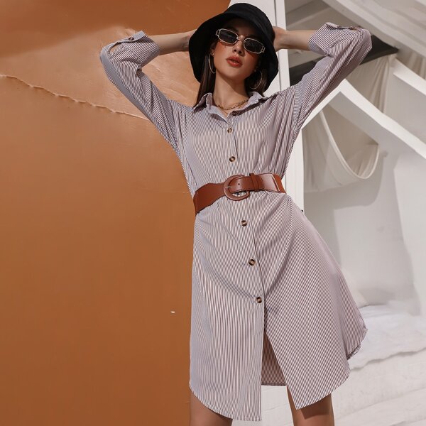 

Vertical Stripe Drop Shoulder Belted Shirt Dress, Multicolor