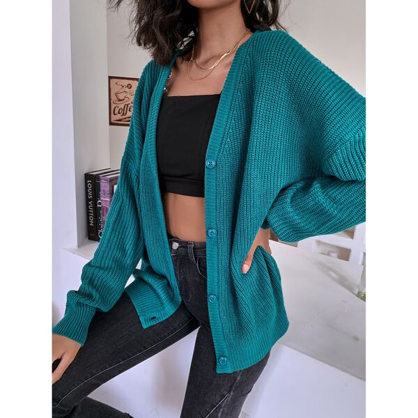 

Drop Shoulder Ribbed Knit Cardigan, Green