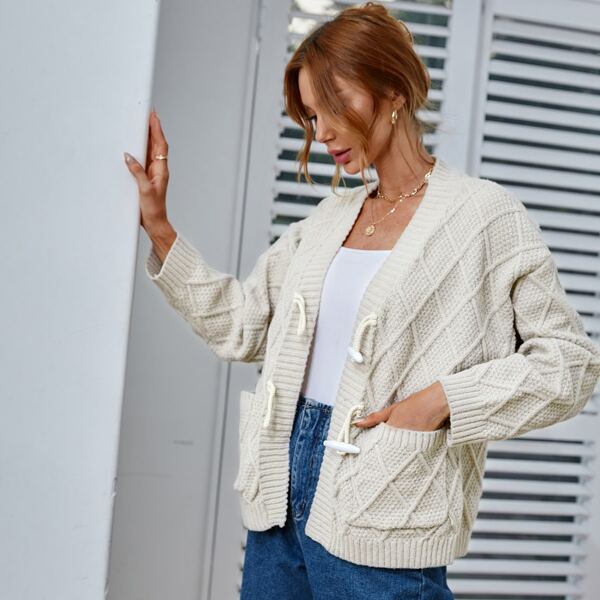 

Solid Dual Pockets Cardigans, Beige