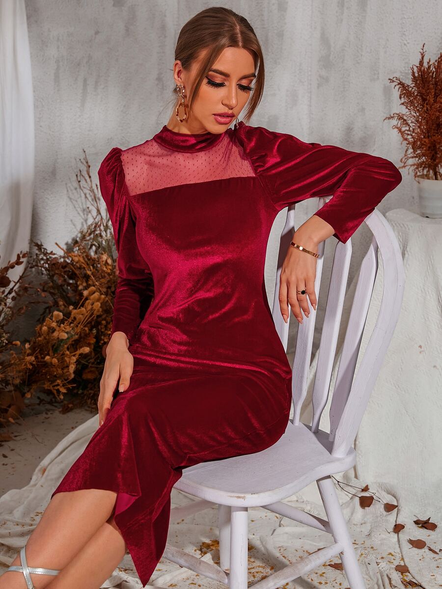 Vestido de malla jacquard de cuello alto de terciopelo - Burdeos - Ver 1