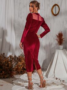 Vestido de malla jacquard de cuello alto de terciopelo - Burdeos - Ver 2