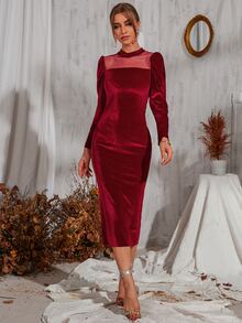 Vestido de malla jacquard de cuello alto de terciopelo - Burdeos - Ver 3