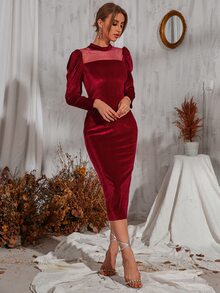 Vestido de malla jacquard de cuello alto de terciopelo - Burdeos - Ver 6