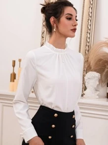 Mulvari Frilled Neck Pearls Beaded Blouse - White - View 1