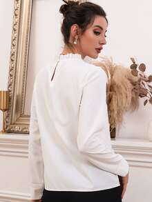 Mulvari Frilled Neck Pearls Beaded Blouse - White - View 2