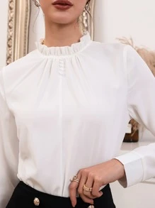 Mulvari Frilled Neck Pearls Beaded Blouse - White - View 4