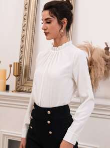 Mulvari Frilled Neck Pearls Beaded Blouse - White - View 5
