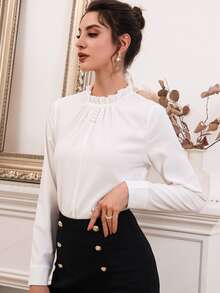 Mulvari Frilled Neck Pearls Beaded Blouse - White - View 6