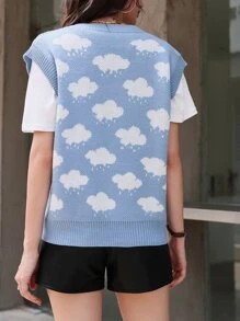 Mulvari 雲朵圖案V領毛衣背心不帶T恤 - 藍白色 - 查看 2