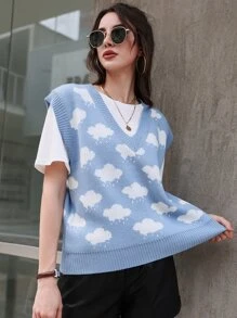 Mulvari 雲朵圖案V領毛衣背心不帶T恤 - 藍白色 - 查看 3