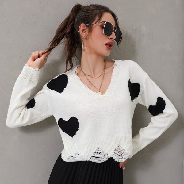 

Heart Print V Neck Sweater, White
