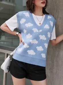Mulvari 雲朵圖案V領毛衣背心不帶T恤 - 藍白色 - 查看 4