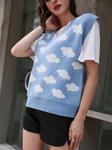 Mulvari 雲朵圖案V領毛衣背心不帶T恤 - 藍白色 - 查看 5