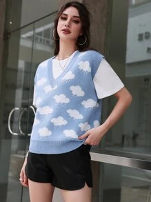 Mulvari 雲朵圖案V領毛衣背心不帶T恤 - 藍白色 - 查看 6