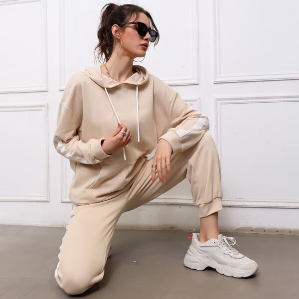 

Contrast Side Seam Drop Shoulder Drawstring Hoodie & Sweatpants, Khaki