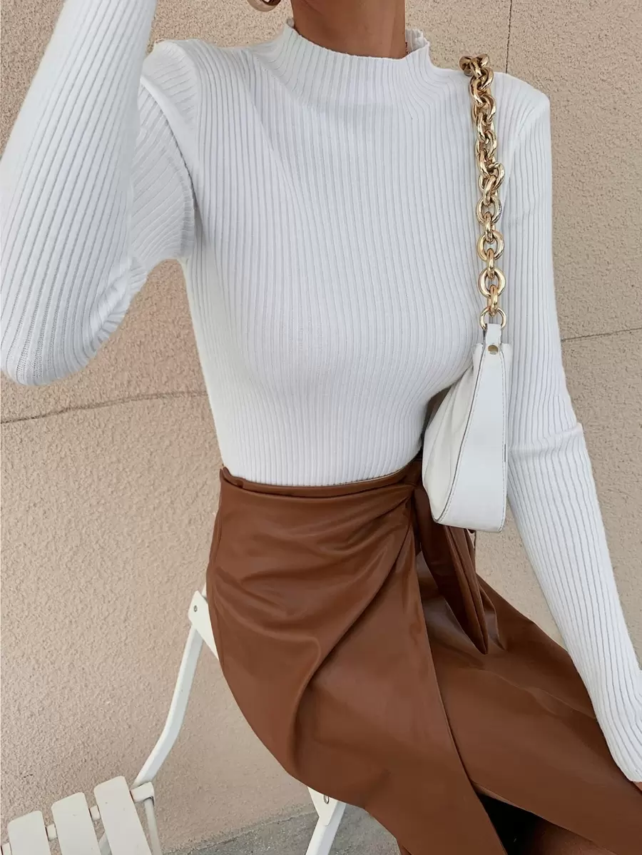 RueChic Mock Neck Ribbed Knit Solid Jumper - White - View 1